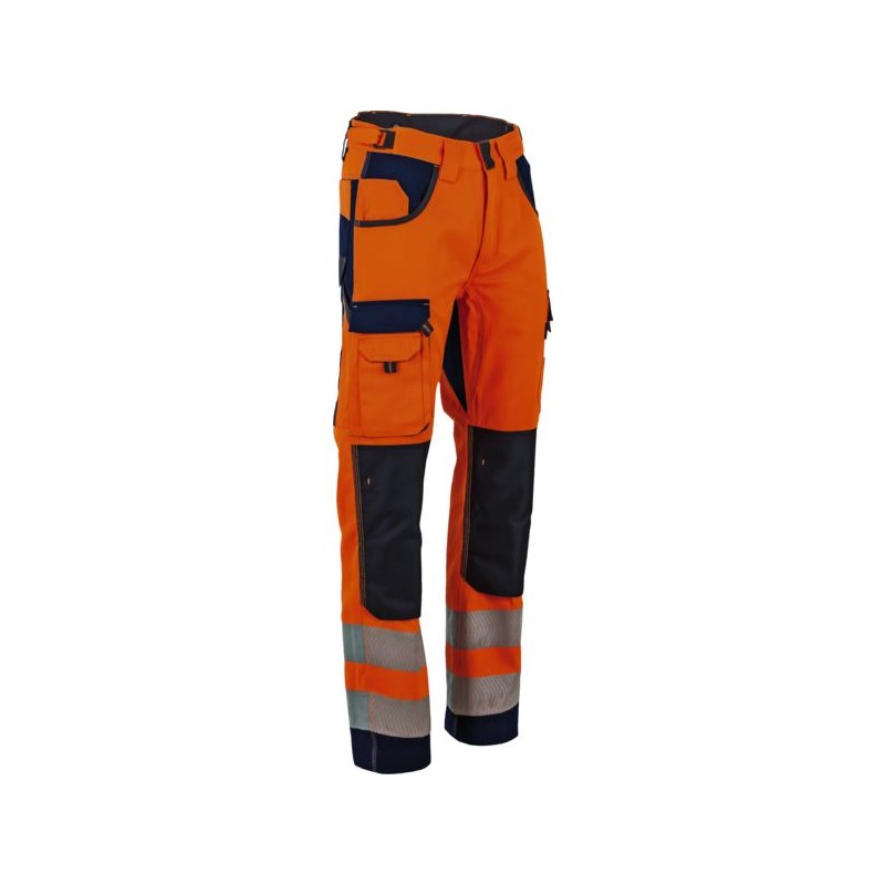 PANTALON DEFENSE HAUTE VISIBILITE MARINE / ORANGE POCHES GENOUILLERES T.52