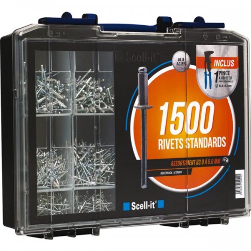 COFFRET  1500 RIVETS STANDARDALUMINIUM/ACIER TÊTE PLATE +PINCE A MAIN A RIVETER