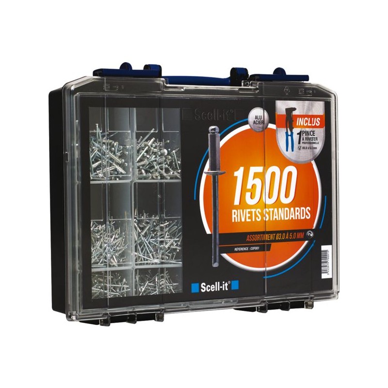 COFFRET  1500 RIVETS STANDARDALUMINIUM/ACIER TÊTE PLATE +PINCE A MAIN A RIVETER